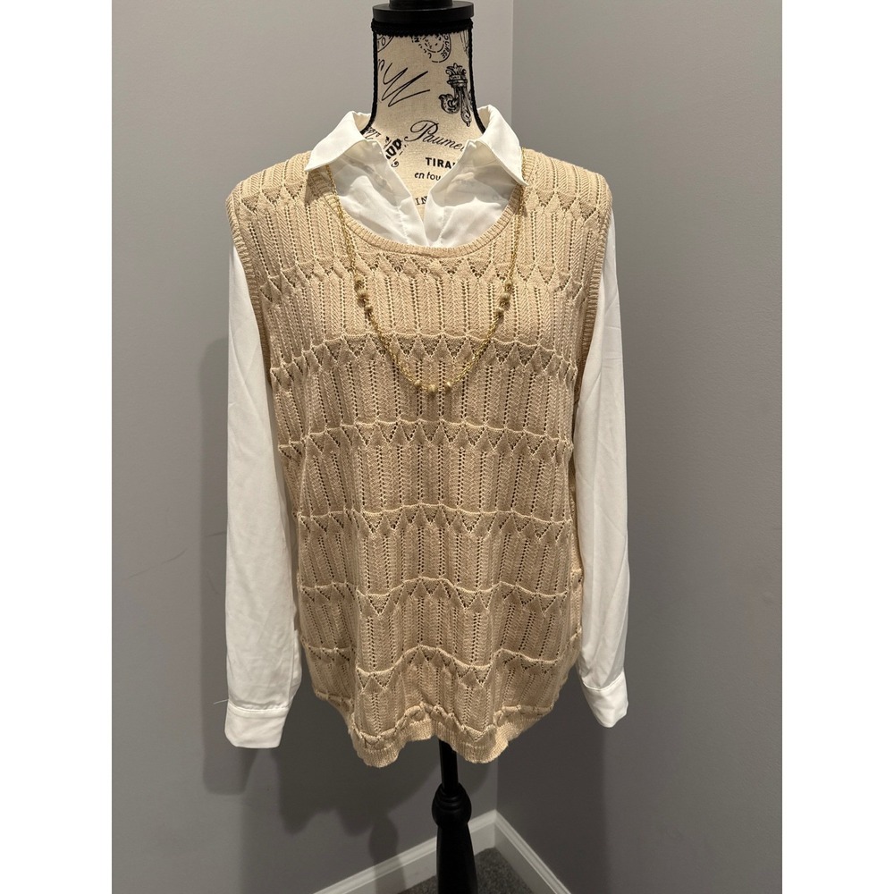 Alfred Dunner Tan Emerald Isle Sweater Vest Women Small Layer Textured Vest Top